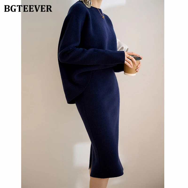 BGTEEVER Elegant Ladies Knitted Skirt Set Long Sleeve Sweaters Tops & Elastic Waist Split Skirts 2021 Winter Women 2 Pieces Set