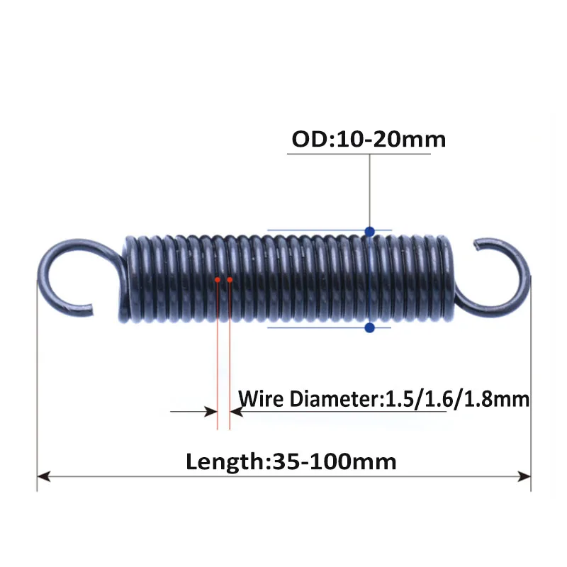 Extension Springs With Hook Ends  Steel Tension Spring  Wire Diameter 1.5/1.6/1.8mm Outer Diameter 10/12/13/15/16/18/20mm