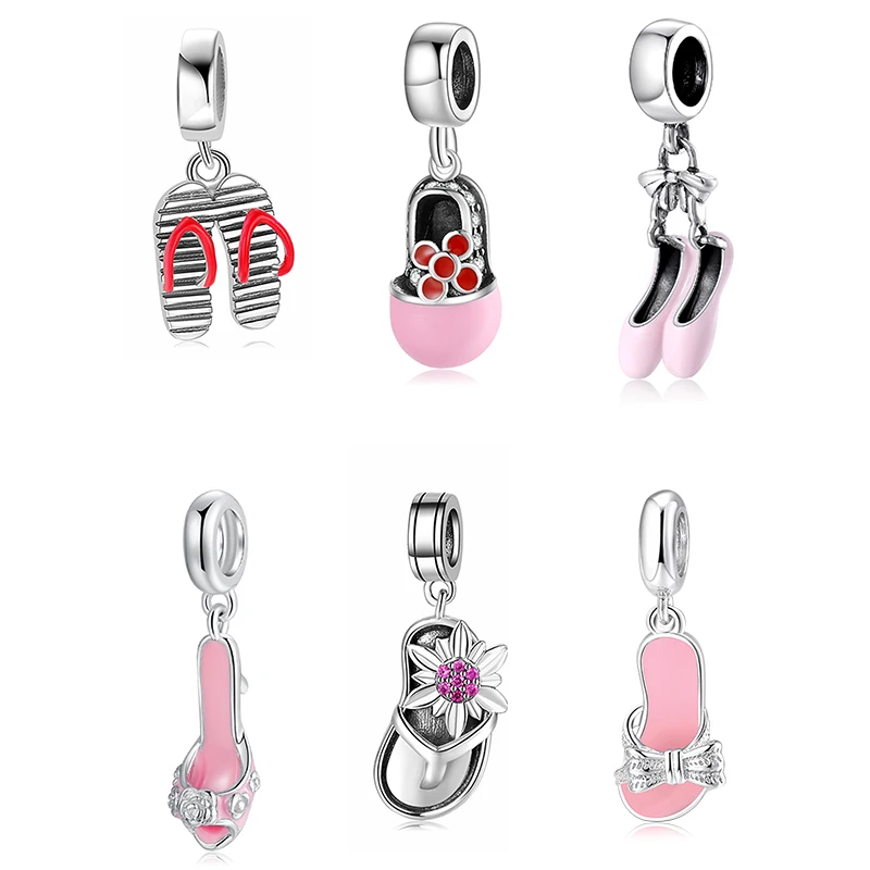 2021 New Fashion Cute Pink Bow Slippers 925 Sterling Silver Pendants Beads Fit Original European Charm Bracelet Jewelry Making