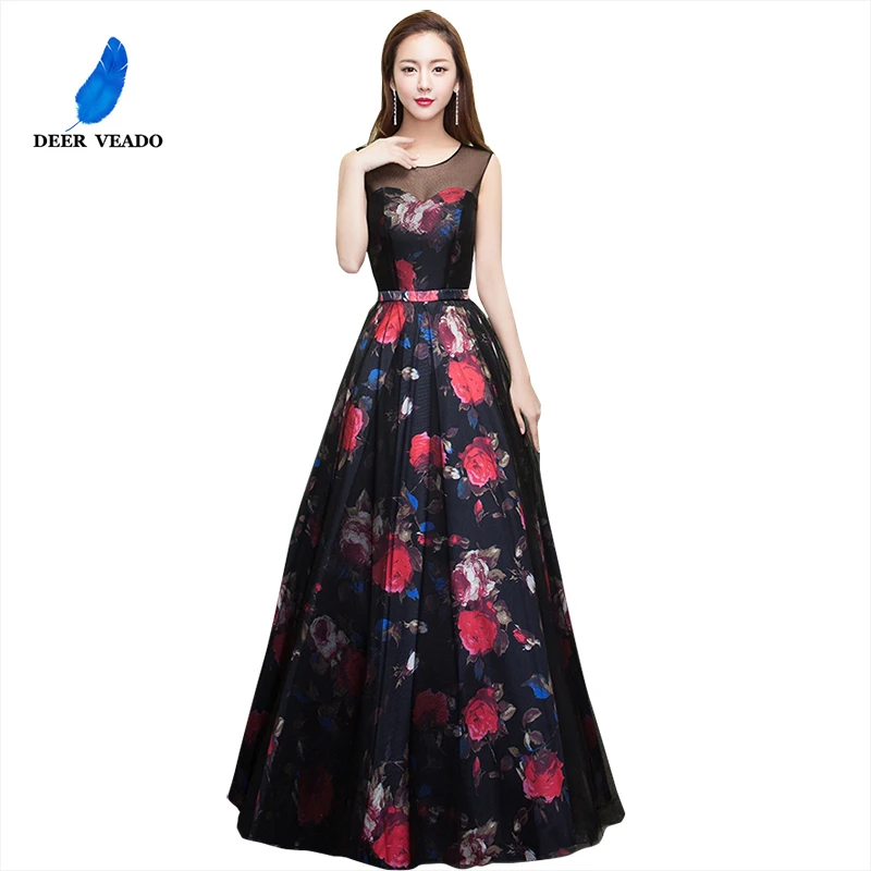 DEERVEADO Women's Elegant Floral Evening Dress Long See Through Back Satin Formal Party Dresses Evening Gown M209