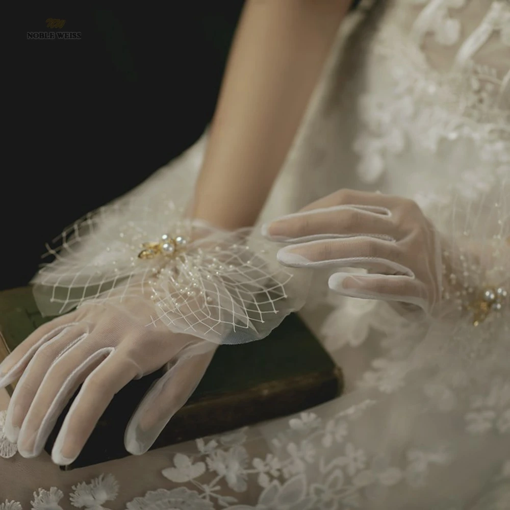 

Женские свадебные короткие перчатки с сеткой и длинными пальцами, прозрачные бисерные длинные до запястья, костюм для выпускного вечера, перчатки по индивидуальному заказу