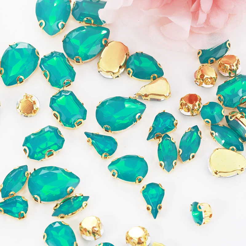 RESEN 50PCS Mix Shapes Malachite Green Opal Rhinestones With Gold Bottom Claw Flatback Stones DIY Clothing Accessories