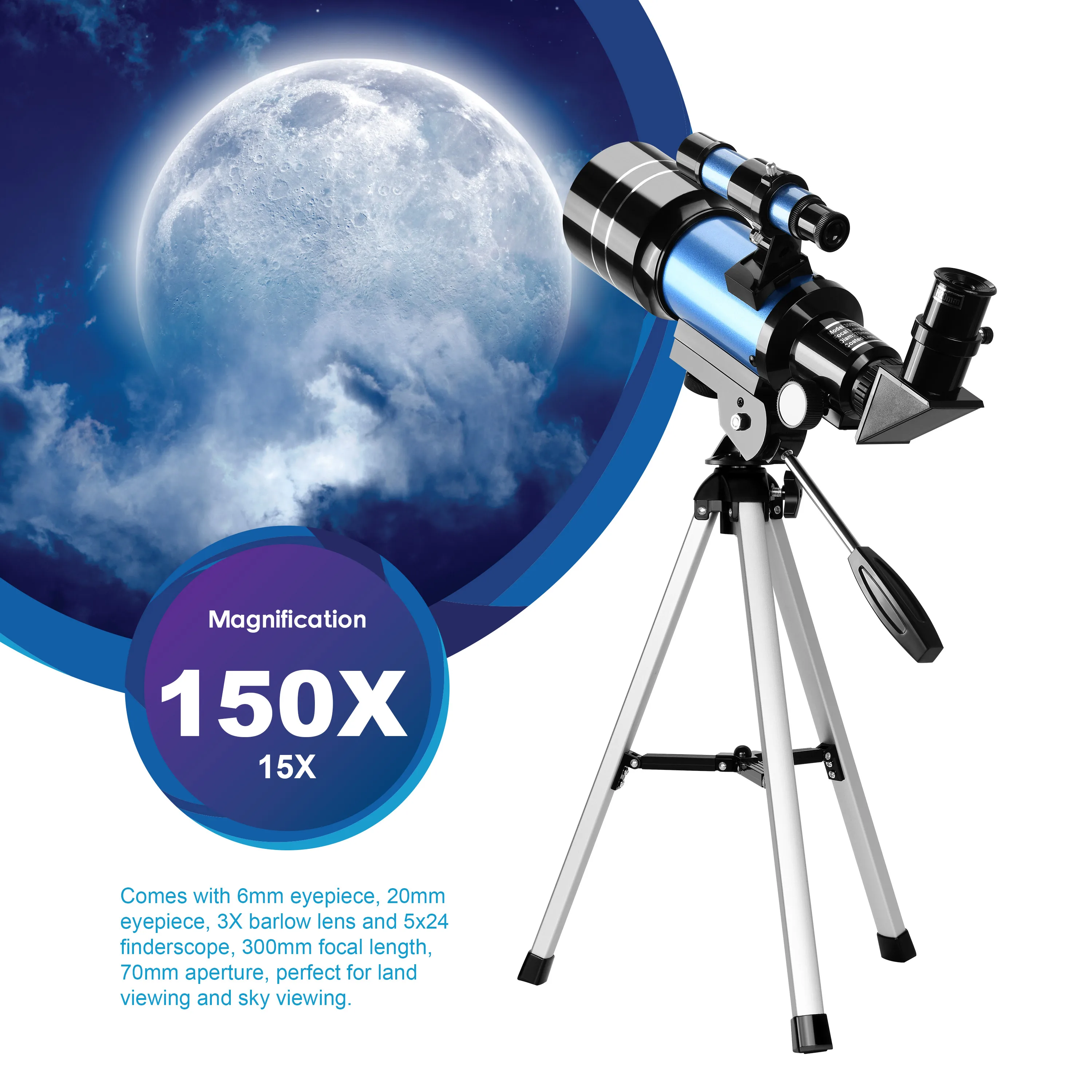 AOMEKIE 70300 Telescope for Beginner with Tripod Phone Adapter 1.5X Erecting Eyepiece 3X Barlow Lens for Moon Watching Kids Gift