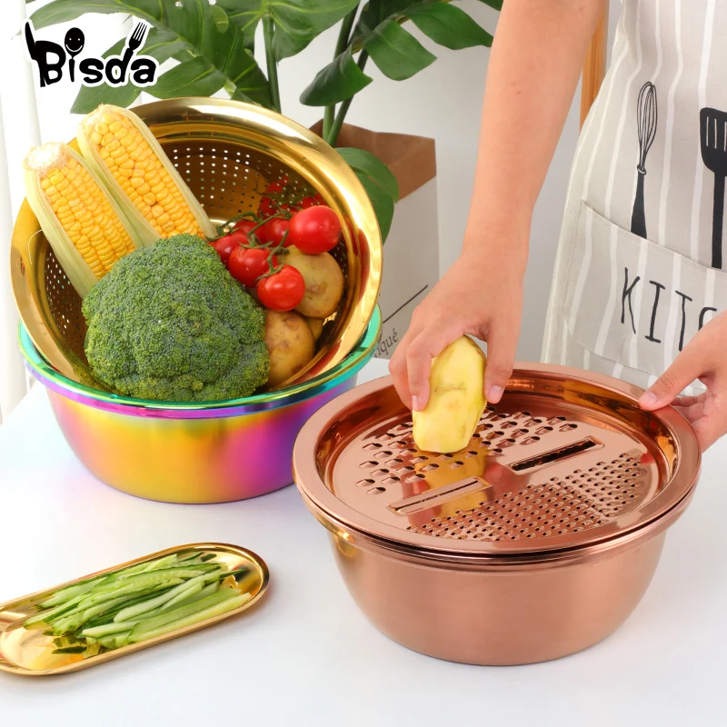 Kitchen Tool Stainless Steel Drain Pot Strainer Basket Vegetable Slicer Food Chopper Vegetable Cutter Grater Kitchen Accessories