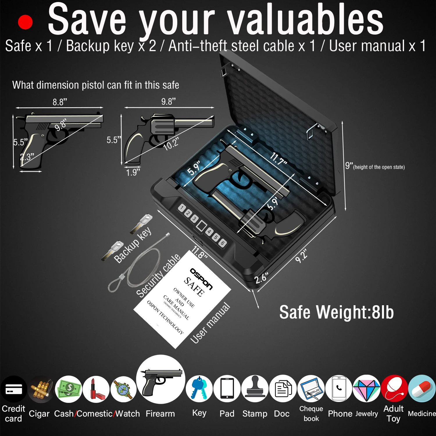 Quick-Access Pistol Gun Safe para vários revólveres e munições, Biometric Fingerprint Lock, Auto-Open Lid Safety Device, Novo