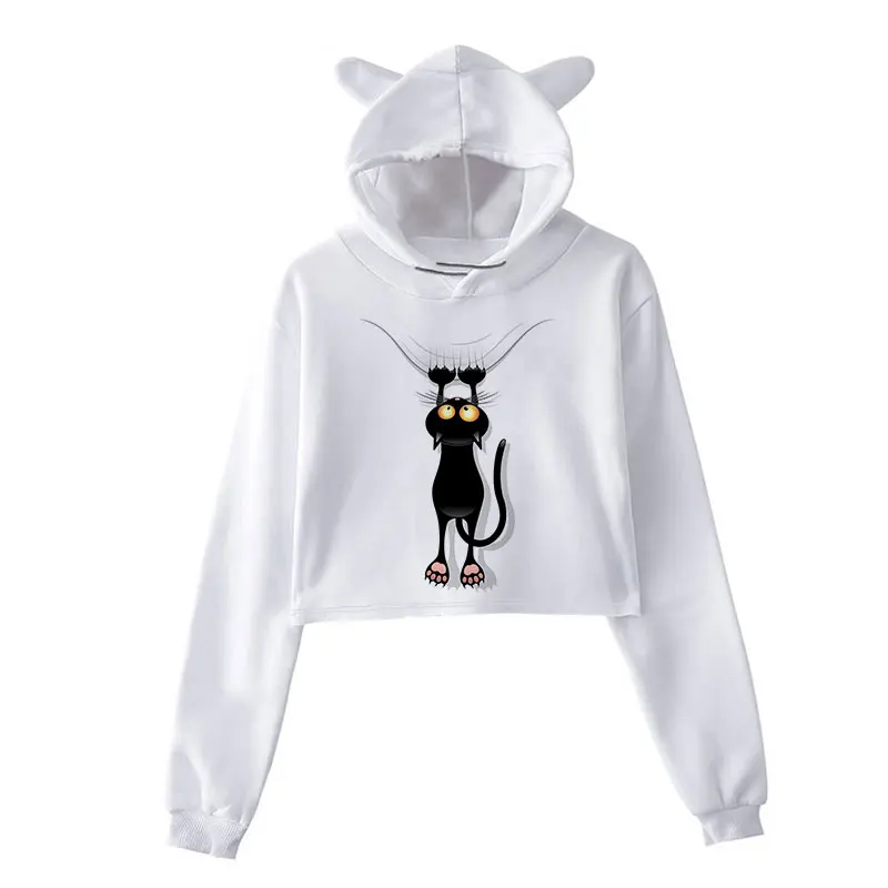 Womens Clothes winter Female hoodie long Sleeve sweatshirt Casual Funny Black Cat cropped Tops hoodies Ladies Halloween Women