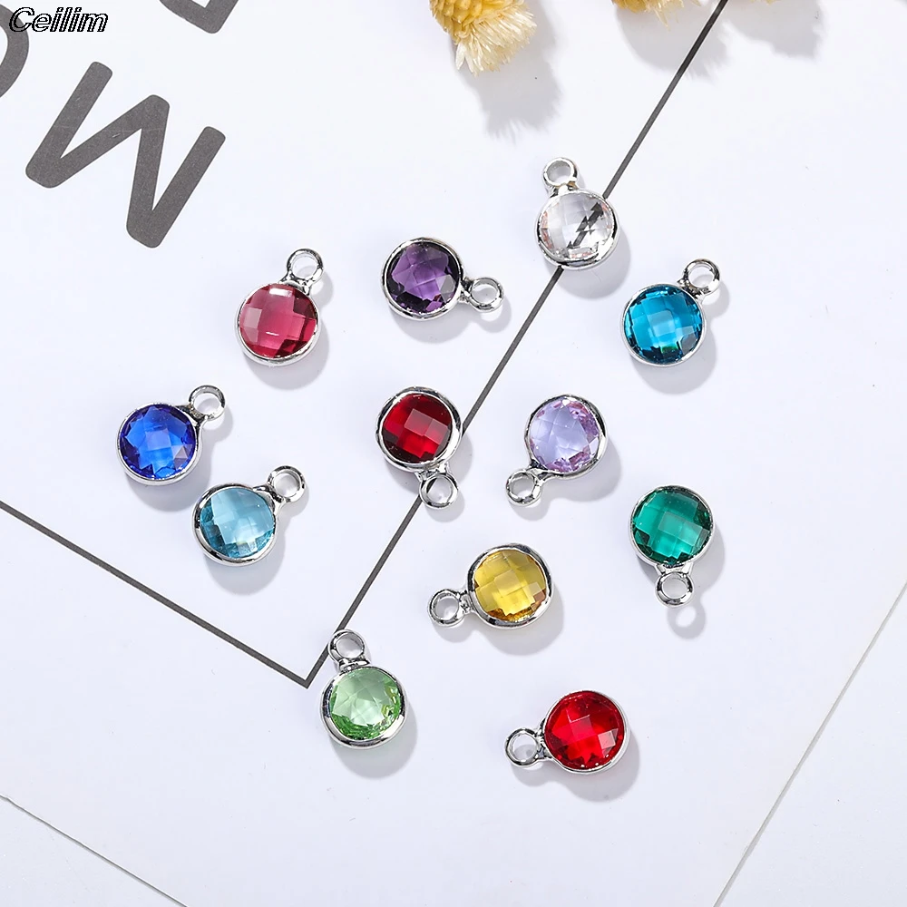 10pcs Copper Round 6mm Birthstone Charms Beads Colorful Crystal Pendants For DIY Craft Necklace Bracelet Jewelry Making Findings