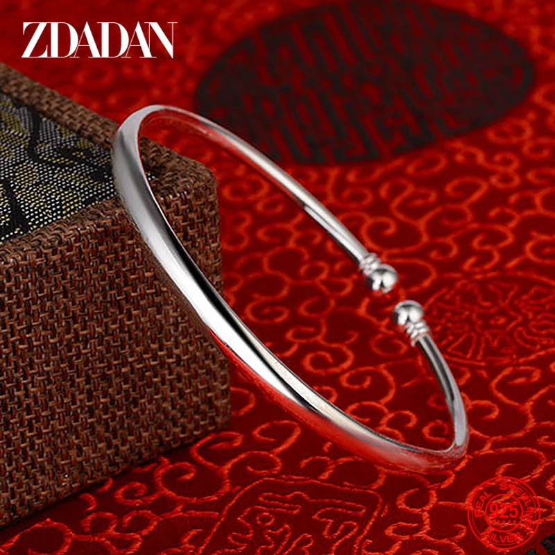 ZDADAN 925 Sterling Silver Round Open Cuff Bracelet For Women Charm Jewelry Gift