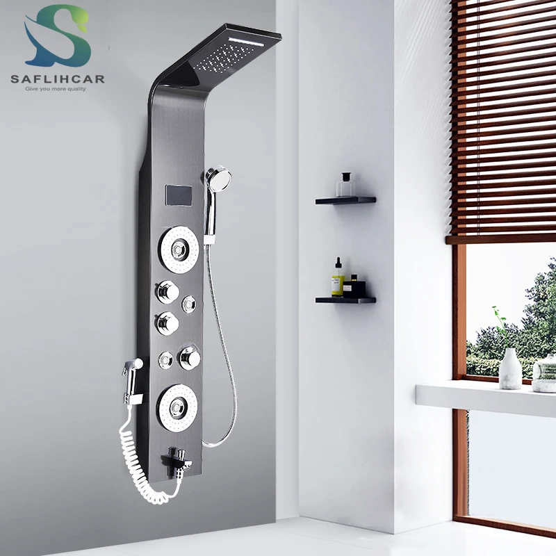 Black Bronze Falls Bathroom Shower Column Wall-mounted LED Shower Faucet With Display Stainless Steel Shower Panel