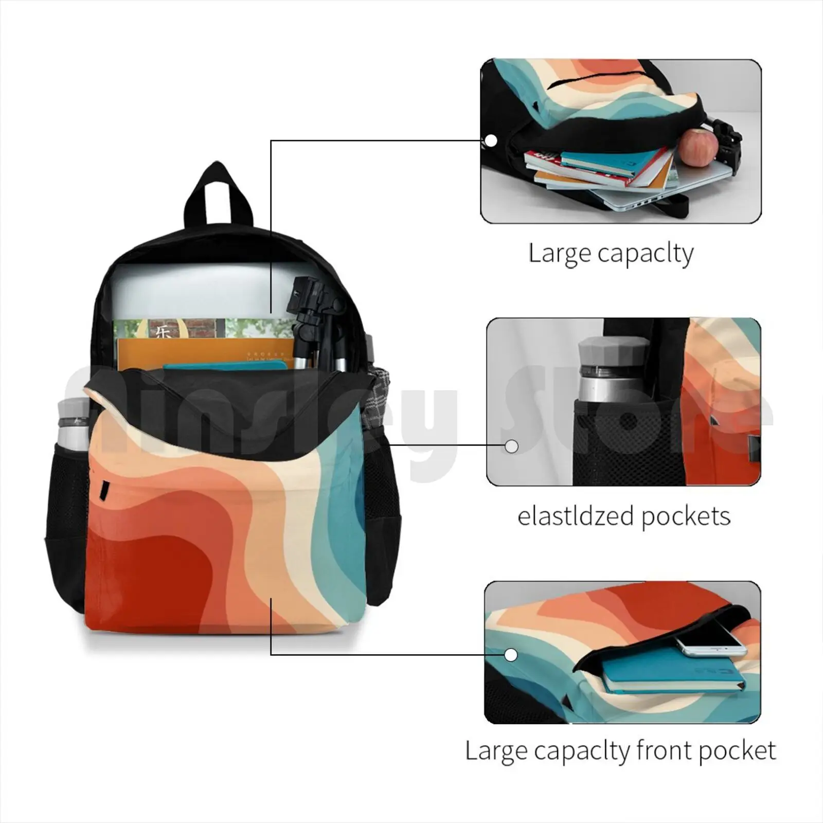 Retro Style Waves Outdoor Hiking Backpack Riding Climbing Sports Bag Retro Waves Waves Retro Stripes Striped Lines Colorful