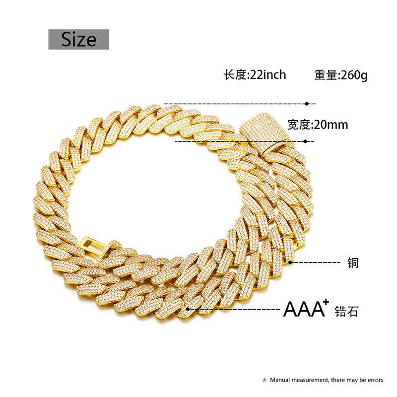 Hip Hop 3 Rows AAA CZ Stone Paved Bling Iced Out 20mm Geometric Square Link Chain Necklaces for Men Rapper Jewelry Drop Shipping