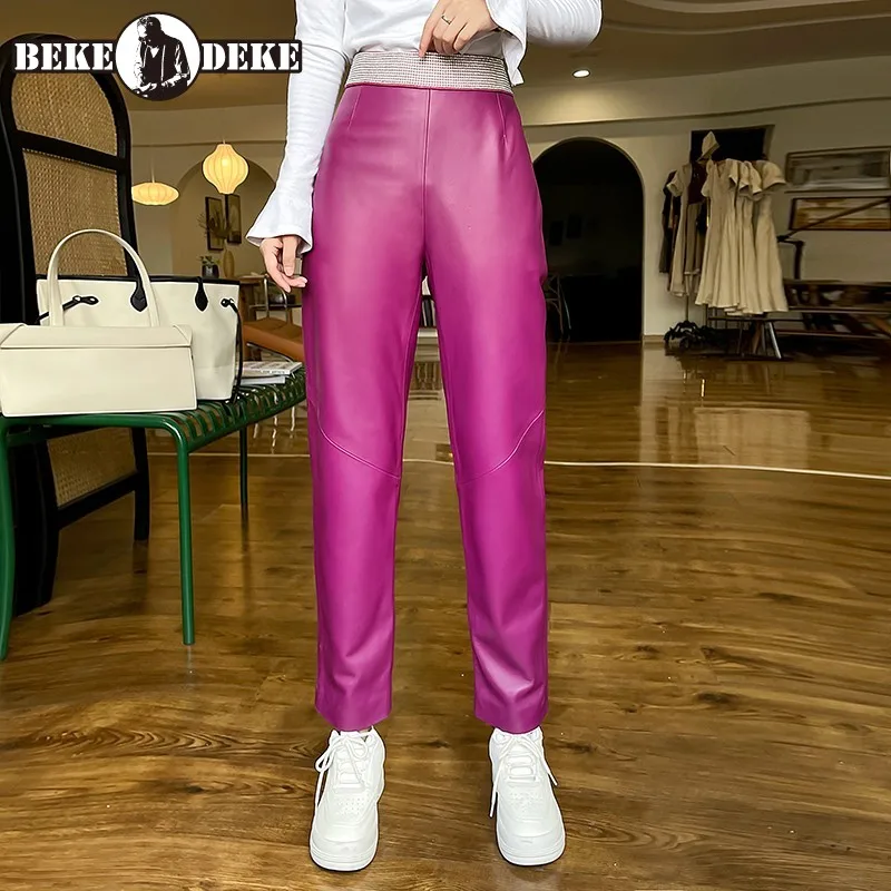 Autumn Winter Womens New Fashion Genuine Leather Pants High Waist High Quality Vintage Female Elegant Sheepskin Casual Pants