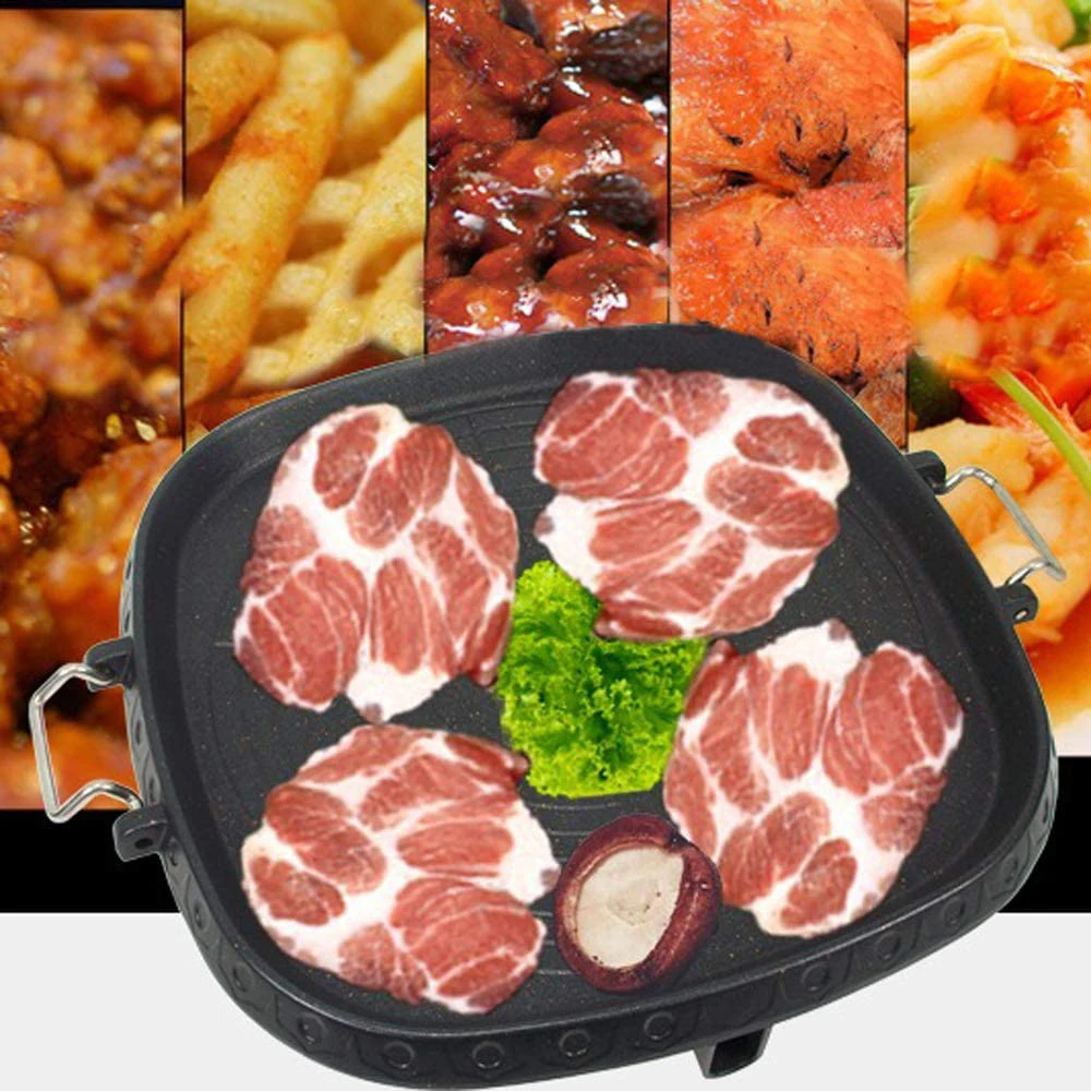 Korean BBQ Grill Pan Square Double Layered Thickened Non-stick Smokeless Barbecue Stovetop Plate For Indoor Outdoor Grilling