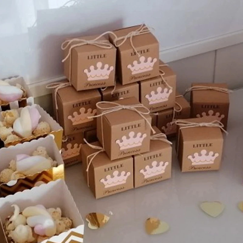 20pcs Cute Princess Prince Kraft Paper Candy Box Baby Shower Gifts For Guests Babyshower Boy Girl 1st Birthday Gift box Party