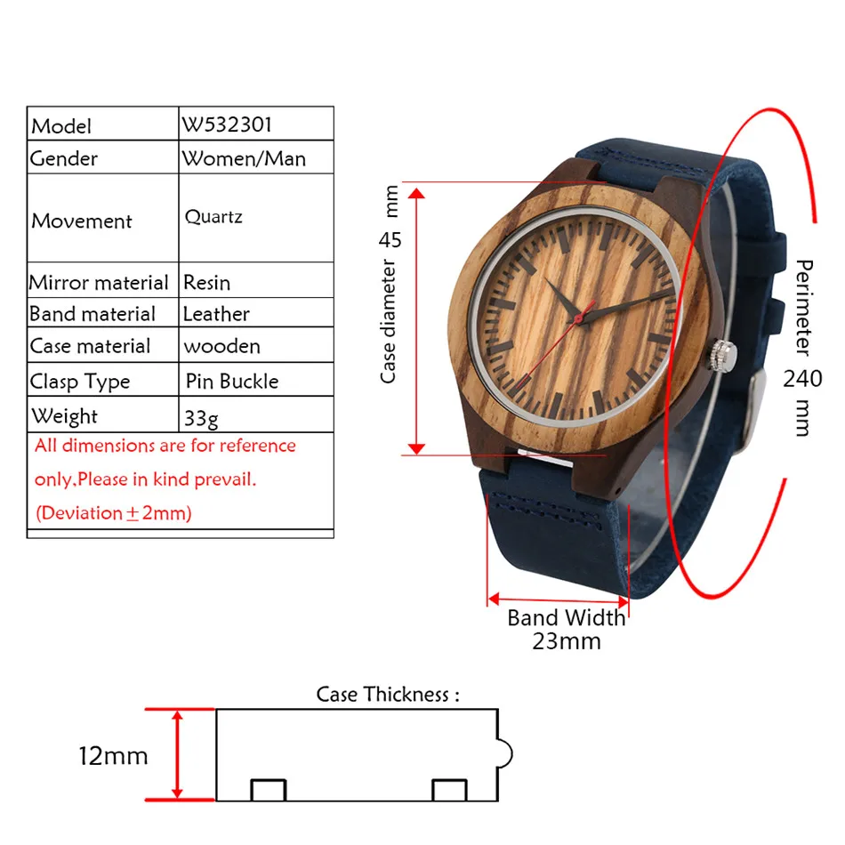 Classic Zebra Wood Men Watch Red Seconds Display Blue Genuine Leather Quartz Mens Wristwatch