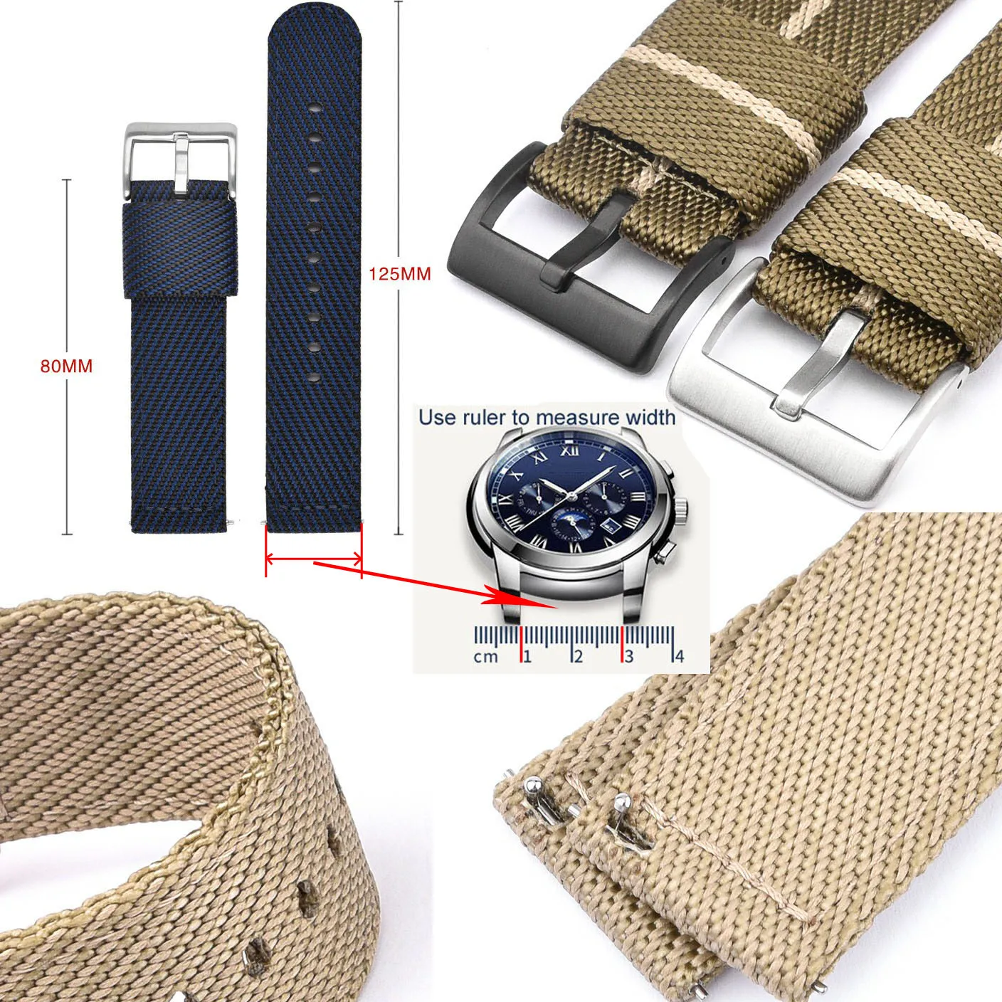 18mm 20mm 22mm 24mm Watch Band Nylon Watch Strap Universal Wrist Bracelet Fabric Belt Black Silver Buckle w Quick Release Pins