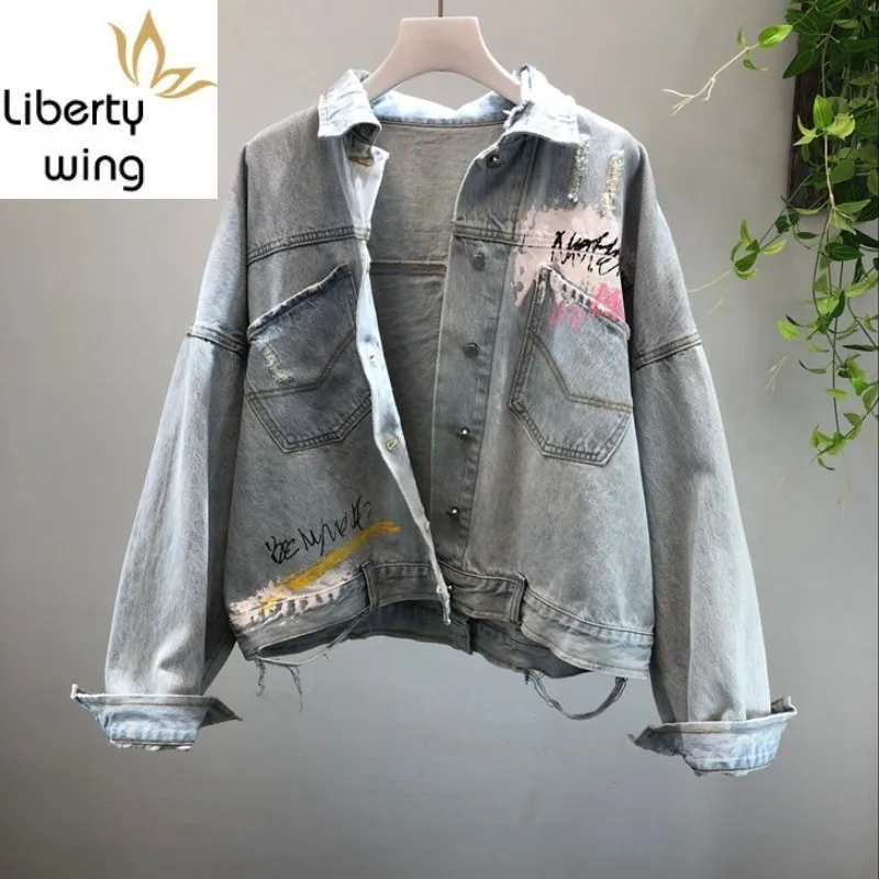 Merek Baru Denim Mantel Wanita Fashion Cetak Vintage Tercerai Berai Lubang Jean Jaket Perempuan Huruf Longgar Pakaian Gadis Hot