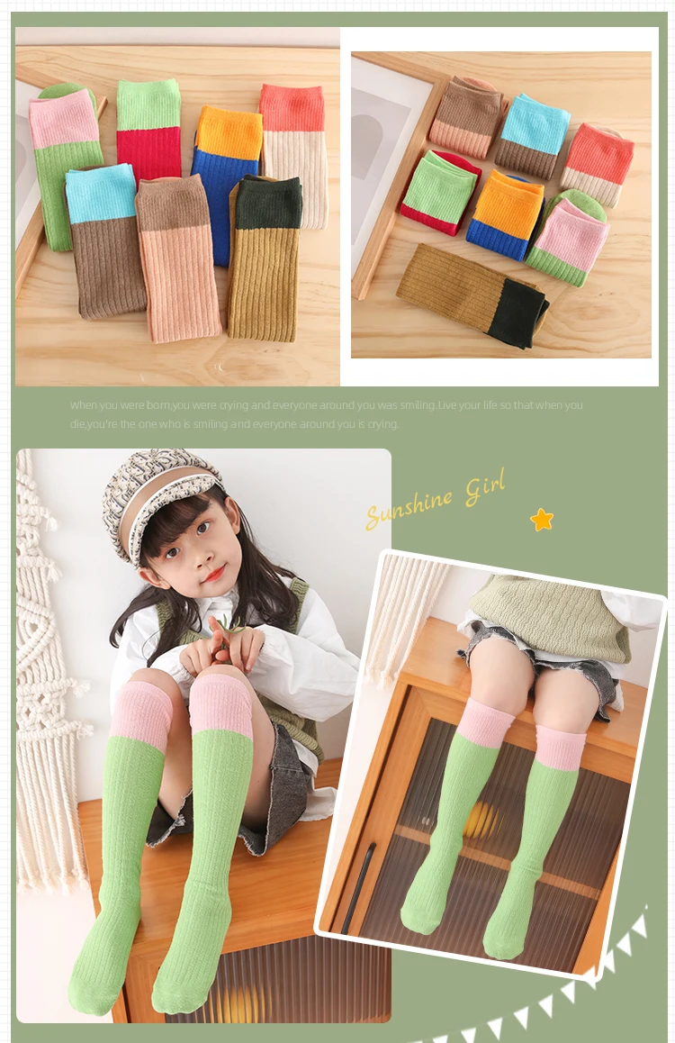 3-12 Jahre Mädchen Wärmere Knöchellange Socken mit Kontrastdesign Kinder Overknee-Socken aus Baumwolle Baby Gestreifte Bunte Lange Kawaii Strümpfe – Detail 5