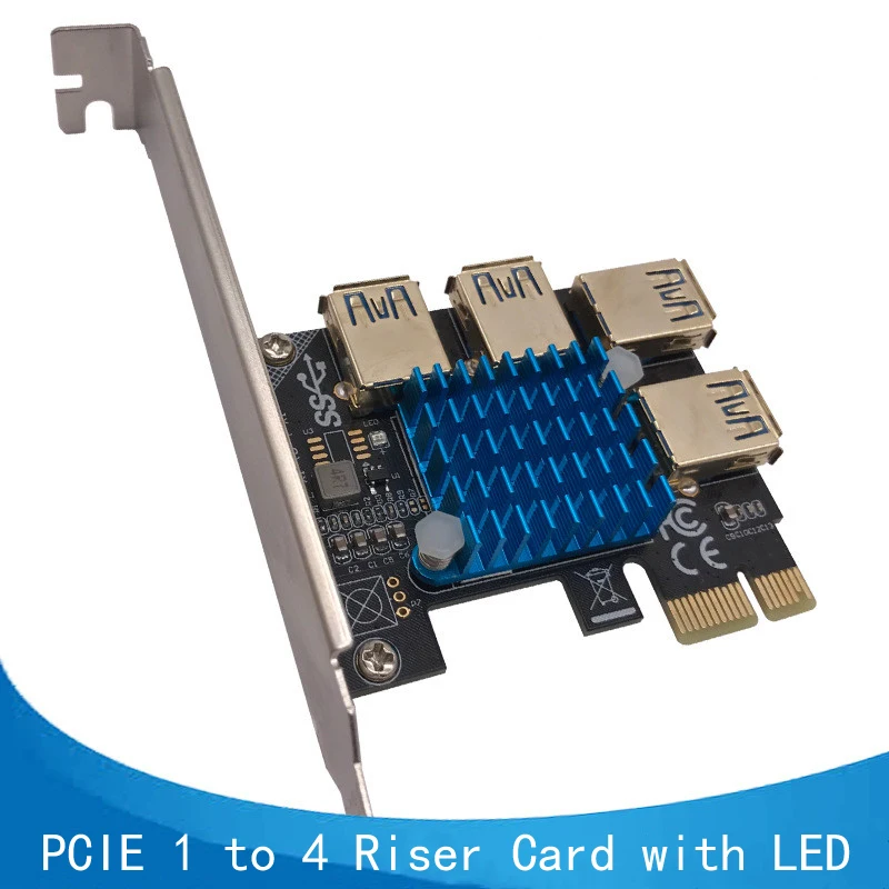 PCIE 1 to 4 Riser Card LED Gold USB 3.0 Multiplier Hub PCI Express X1 to PCI-E 16X Riser for Video Card for Bitcoin Miner Mining