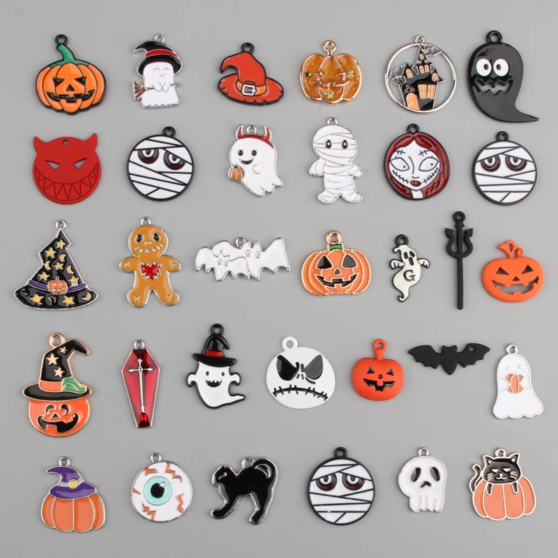 10pcs Enamel Grave Ghost Pumpkin Bat Vampire Charms Halloween Pendant Party Gifts For DIY Jewelry Making Handcrafted Accessories