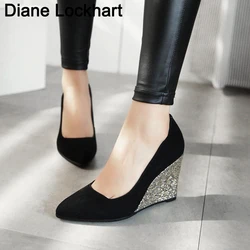 Spring New Pointed Toe Wedge Casual Shoes Women Comfortable Pumps Woman Fashion Slip On High Heels Flock Bling Shallow Female