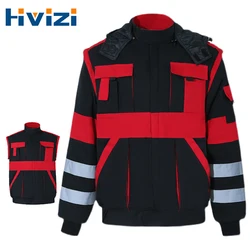 Men's Winter Hi Vis Black and Red Safety Coat Thicken Reflective Windproof Jacket With Removable Sleeves Reflective Workwear