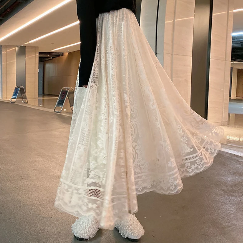 Sweet Skirts Women Lace Ankle-length High Waist Skirt for Ladies Loose Casual Retro Soft Korean Streetwear Trendy All-match Chic