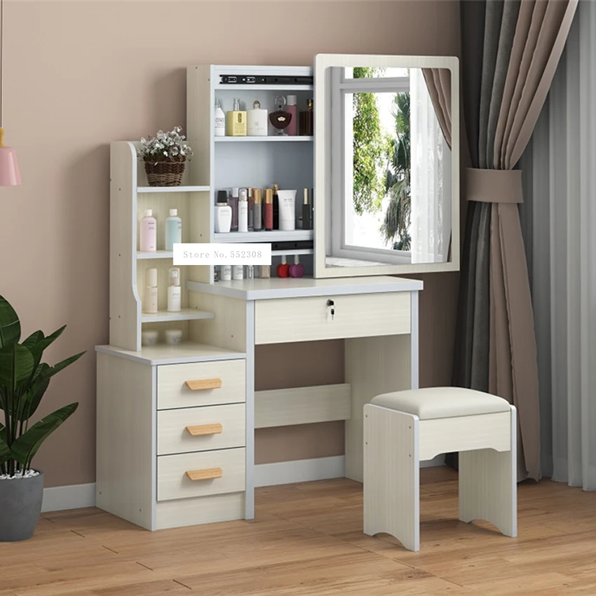 C918/C501 Simple Modern Dresser Household Bedroom Dressing Table Density Board Makeup T able With Mirror Drawer Lock Stool