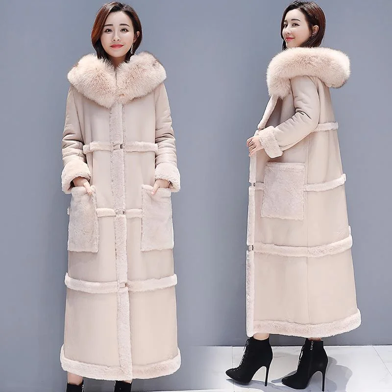 2022 Winter Female New Loose Mid-length Leather Fleece Jacket Women Fashion Stitching Faux Fur All-in-one Coat Lamb Wool A1131