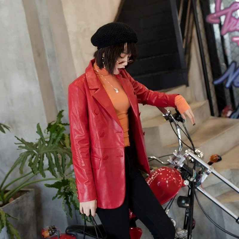 Giacca da motociclista in vera pelle da donna Slim doppiopetto da ufficio capispalla da donna cappotto da giacca in pelle di montone a maniche lunghe di marca di lusso