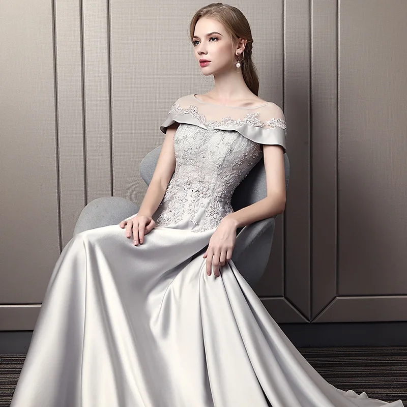 High-end Luxury Gray Satin Tail Evening Dress Female 2021 Banquet Elegant Temperament Host Queen Dignified Prom Dress Skirt A141