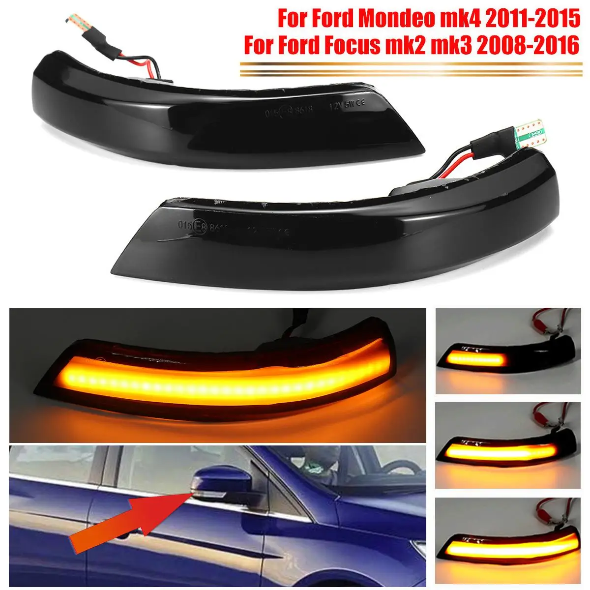 Pair LED Dynamic Turn Signal Indicator Lights Lamp Side Wing Rearview Mirror Light for Ford Focus 2 3 Mk2 Mk3 Mondeo Mk4 08-16