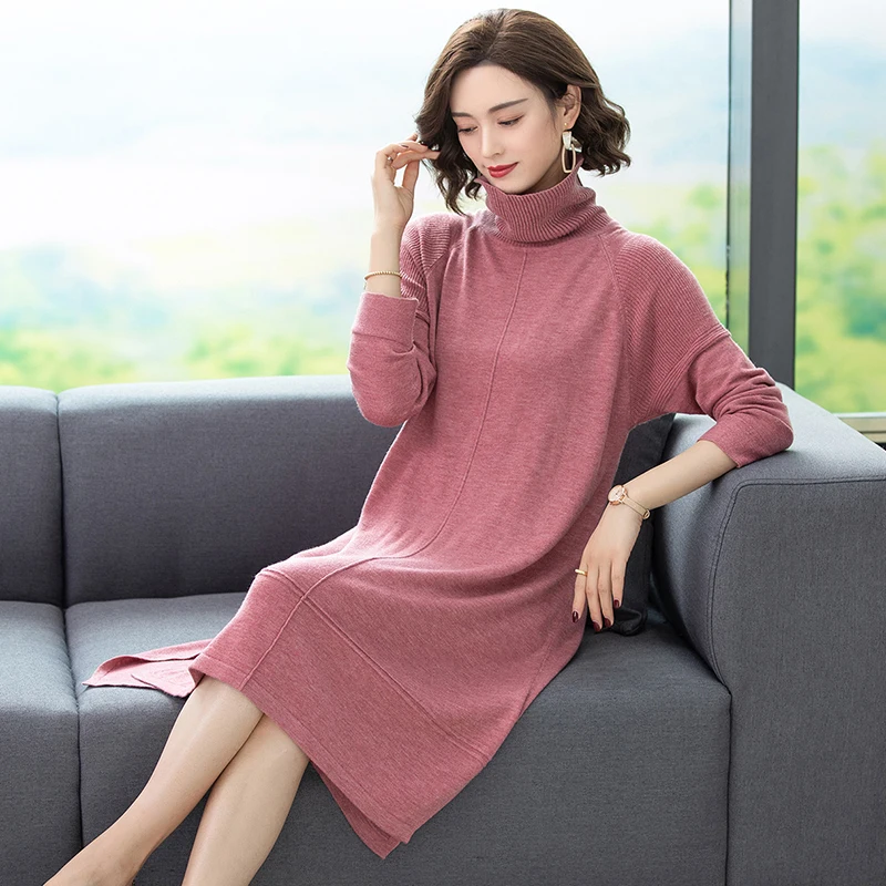 

New arrival ladies turtleneck cashmere sweater dress pullover female loose dress long sleeve knit wool sweater dress