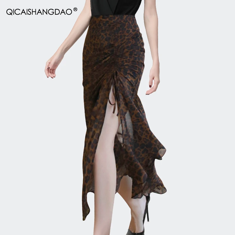 Fashion Chiffon Leopard Skirt 2021 Summer New Drawstring Irregular Women Long Skirts Elegant Sexy Split Plus Size Lady Faldas