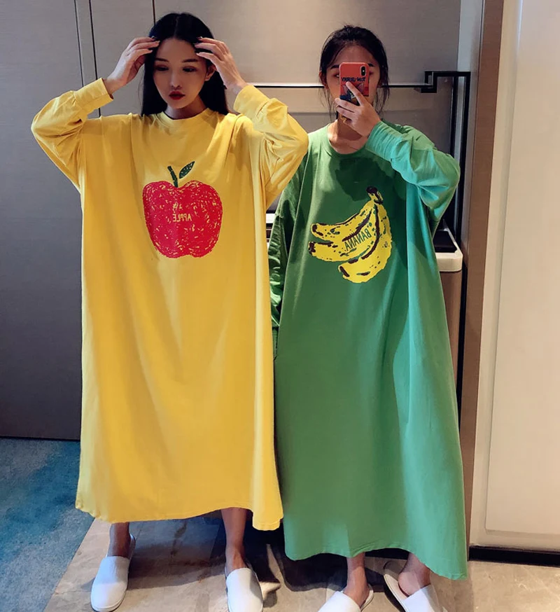 Big And Wide Cartoon Long Night Dress Women Long sleeve  Nightgown Oversize Sleepshirts Nightie Nightdress Cotton Sleepwear