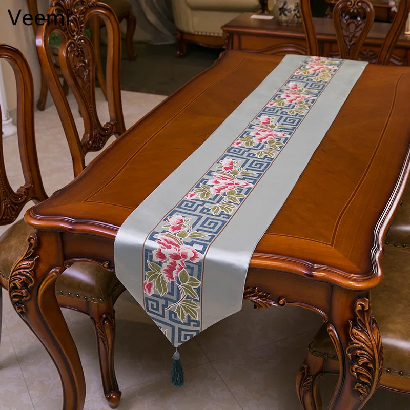 Classical Chinese Style Embroidery Flora Peony Table Runner Plant Table Flag Dining Table Shoe Cabinet Table Cover with Tassels