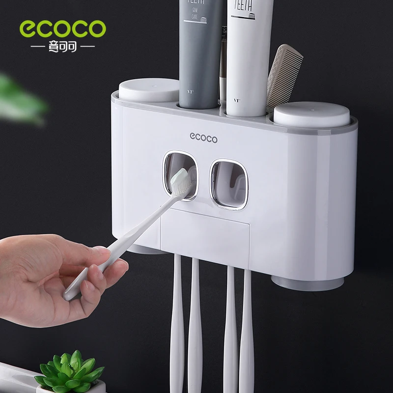 ECOCO Automatic Toothpaste Extrusion Bathroom Accessories Receptacle With 4 Cups Dustproof Toothbrush Holder Wall-Mounted