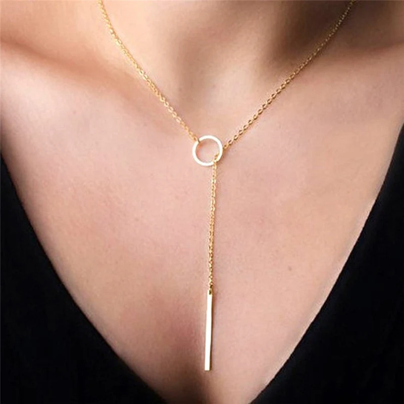 Hot Fashion Gold Color Chain Bar Circle Lariat Necklace Women Simple Long Strip Pendant Necklaces Statement Jewelry Wholesale