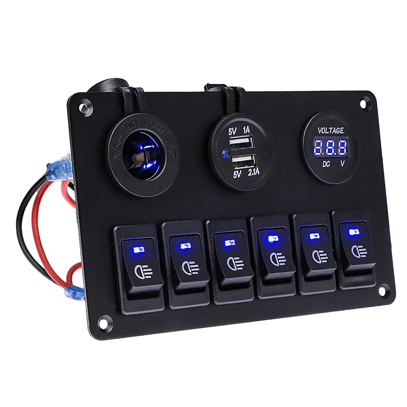 

Car 6 Gang LED Circuit Rocker Switch Panel Dual USB Charger Marine Boat Rocker Switch Control Panel Set 12V 24V