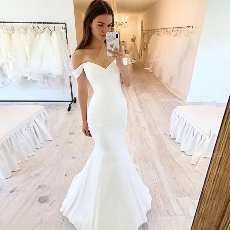 Angelsbridep Sexy Off-Shoulder Mermaid Wedding Dress Simple Design V-neck Bride Dresses African Wedding Gowns Boho Lace-up