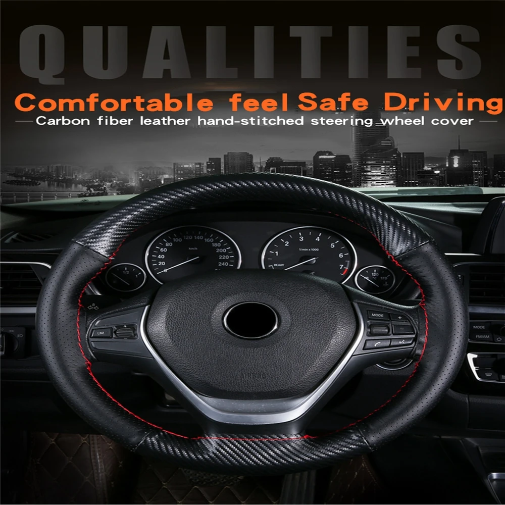 Super Fiber Leather + Carbon Fiber Leather Hand-Stitched Steering Wheel Cover With Needle And Thread Interior Accessories