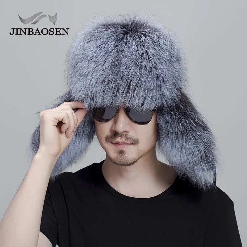 

JINBAOSEN Leather Leather Bomber Hat Men's Winter Hat Earphones Earmuffs Men's Hats Natural Raccoon Fur Black Fox Hat