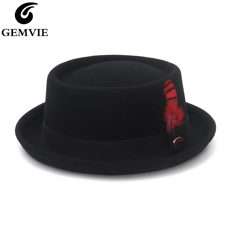 GEMVIE 100% Wool Felt Crushable Men Women Porkpie Fedora Hat Short Brim Autumn Winter Pork Pie Hat Striped Feather Band