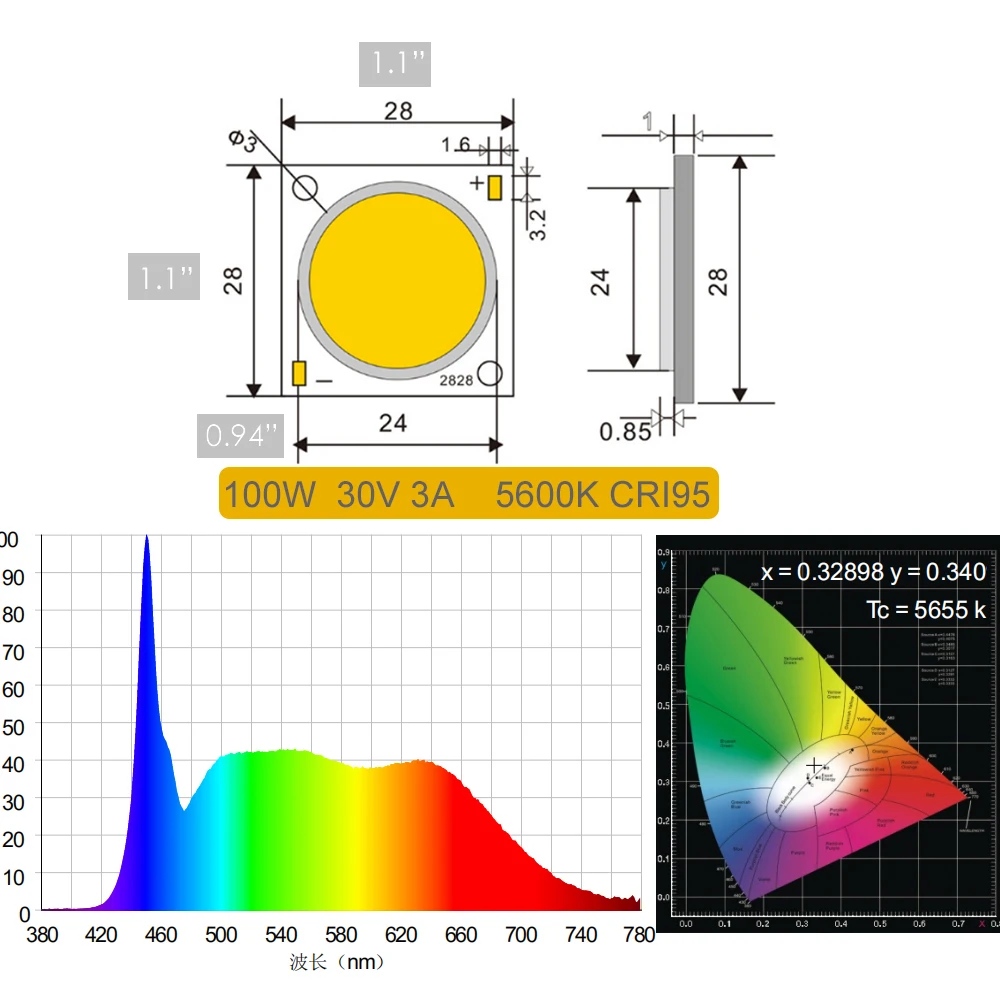 High Brightness 140lm/W CRI 95Ra+ 5600K 100W LED Chip 2240mil COB 2828 Copper Board for Photo Video Photography Bulb Lighting