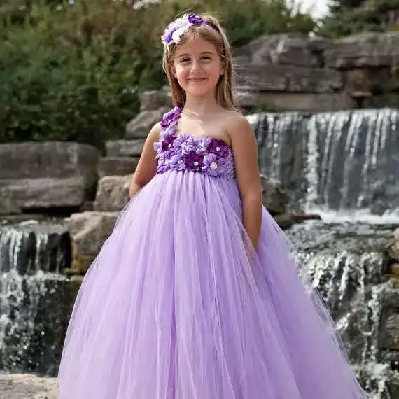 Cute Girls Purple Flower Tutu Dress Kids Single Strap Tulle Dress Ball Gown with Hairbow Children Wedding Party Costume Dresses