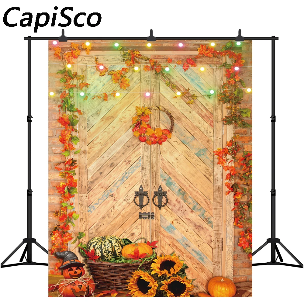 Capisco-Fondo de fotografía de otoño, decoración de Hojas de arce, granja de calabaza, puerta rústica, Photocall
