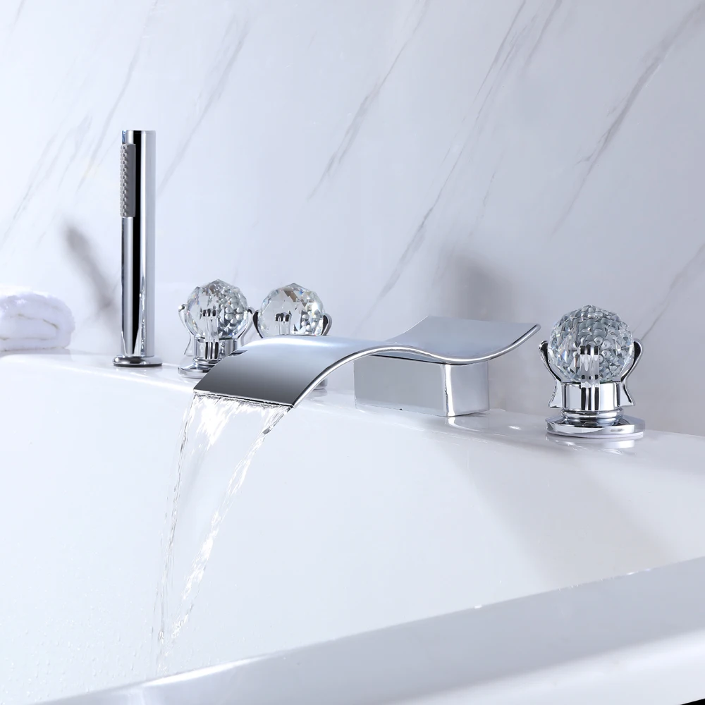 

Waterfall Bathtub Faucets Modern Deck Mount 5-Hole Crystal Handle Tub Faucet Roman Tub Filler Faucet with Handheld Shower Chrome