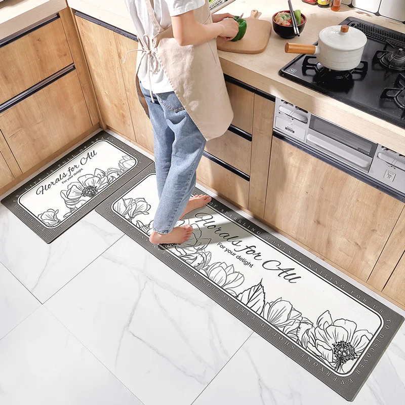 

PU Leather Long Strip Kitchen Carpet PVC Doorway Floor Mats Household Dining Room Wipeable Oil-proof and Waterproof Non-Slip Rug