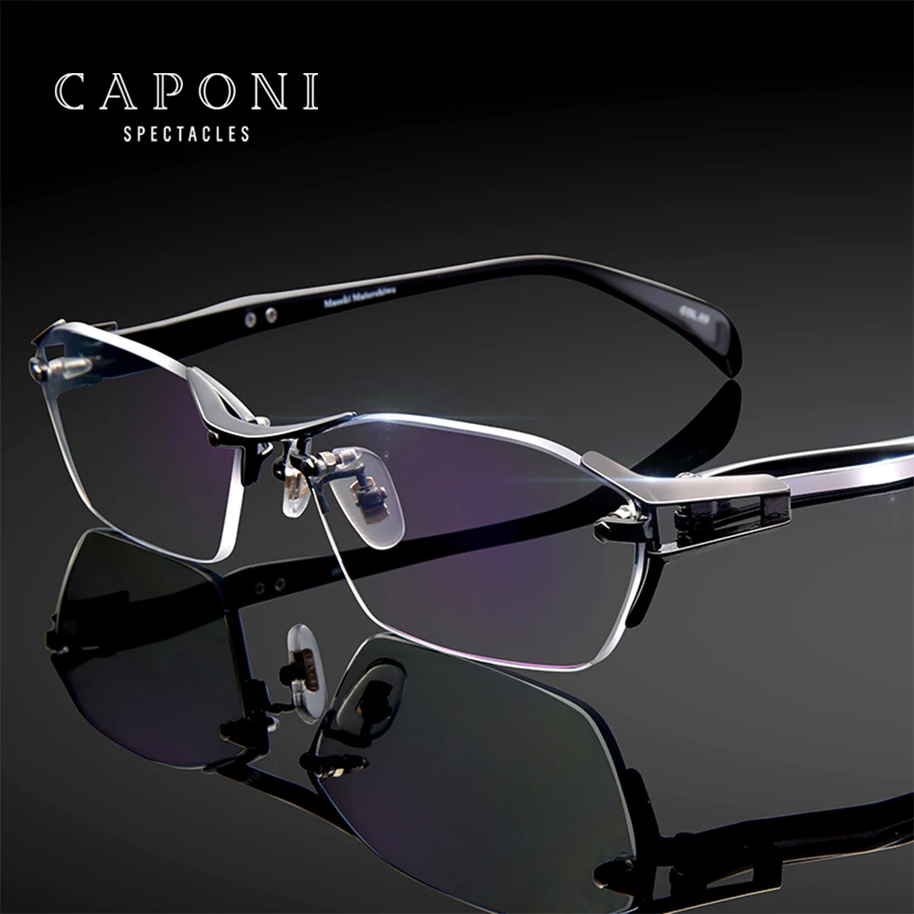 CAPONI Titanium Glasses Frame Men Rimless Square Business Optical Glasses Clear Computer Eyeglasss For Men J1141