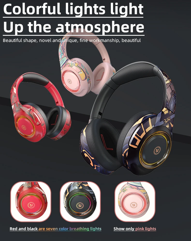 Gaming Wireless Headphones Low Delay with Hd Mic Bluetooth Headset Colorful Led Lights Noise Cancelling Foldable Headphone